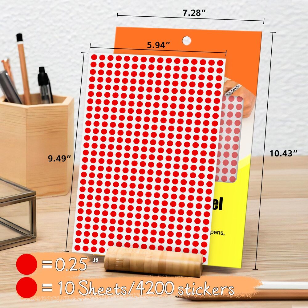 2564 0.25 Inch Red Color Coding Sticker Dots,4200 PCS Small Round Circle - Picture 2 of 7